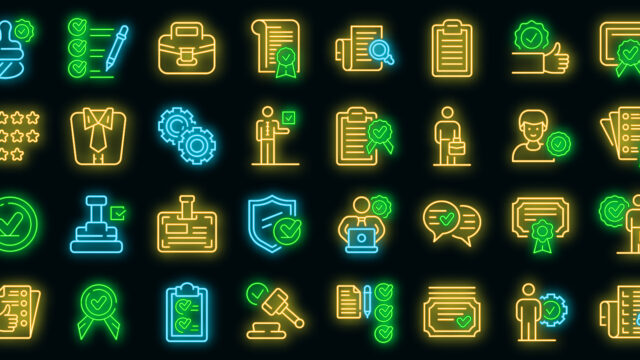 Quality assurance icons set vector neon